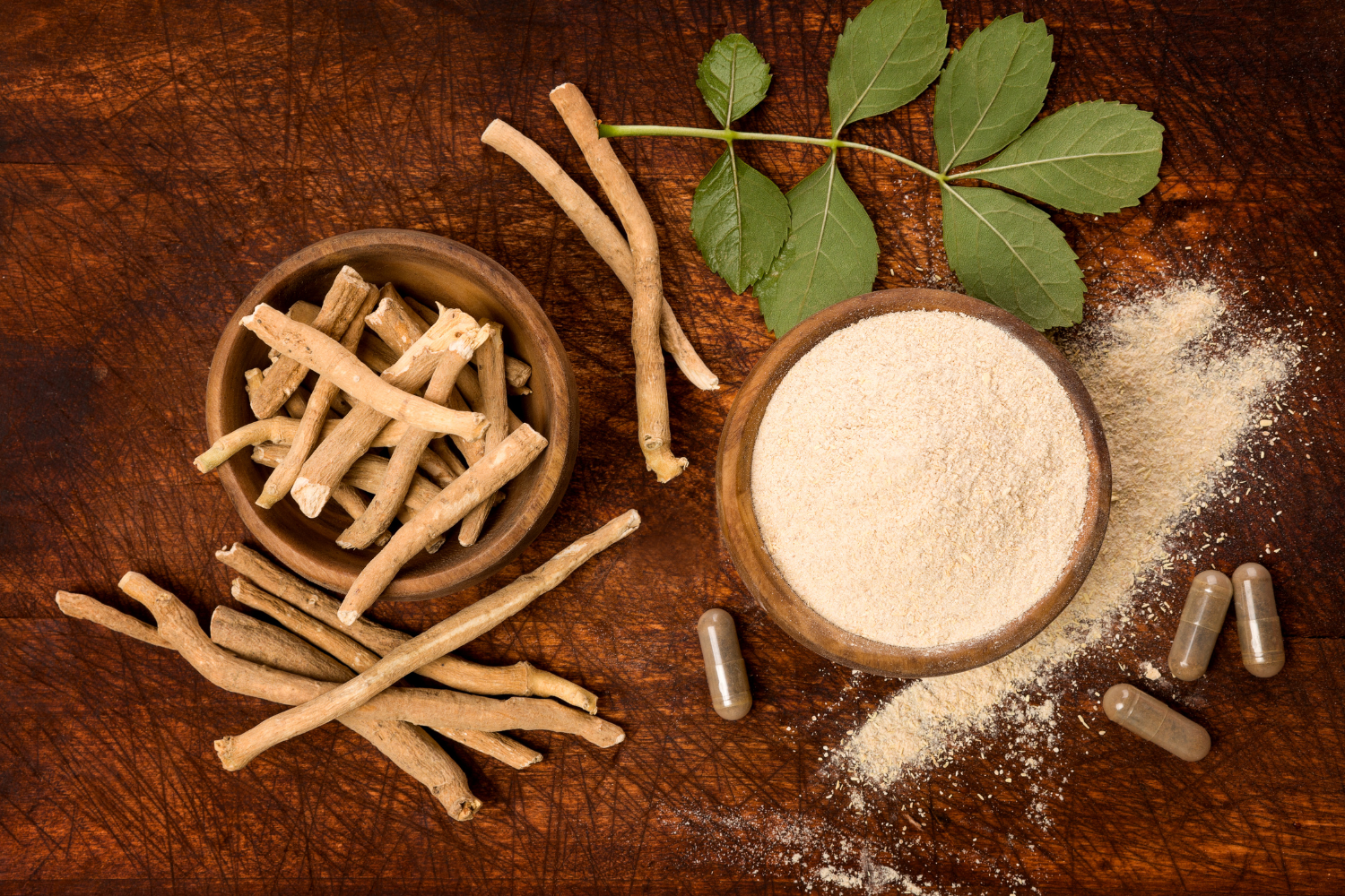 A flatlay of ashwagandha root and powder.