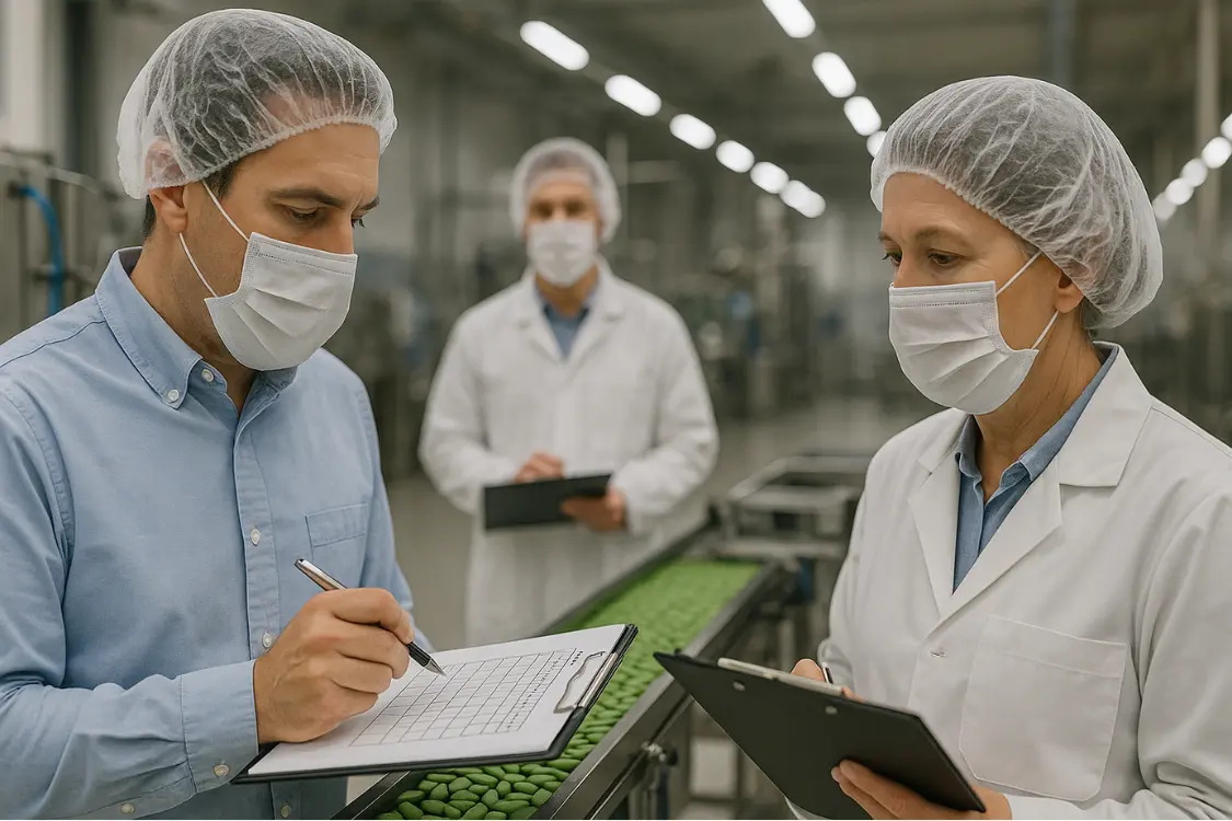 Team conducting supplement quality control inspection at manufacturing site