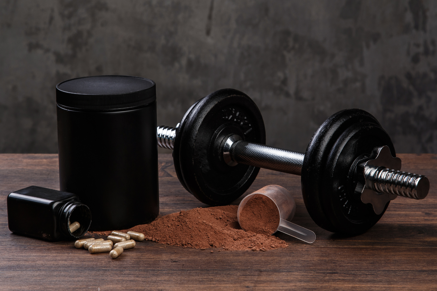 A display of various fitness recovery supplements.