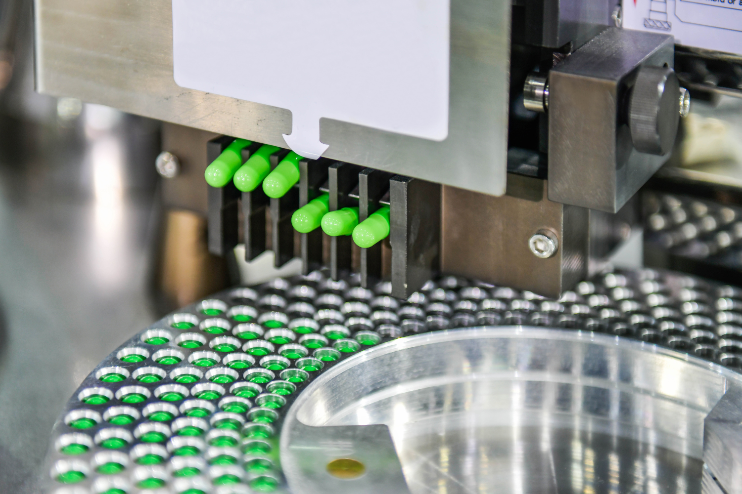 A production line of supplement capsules.