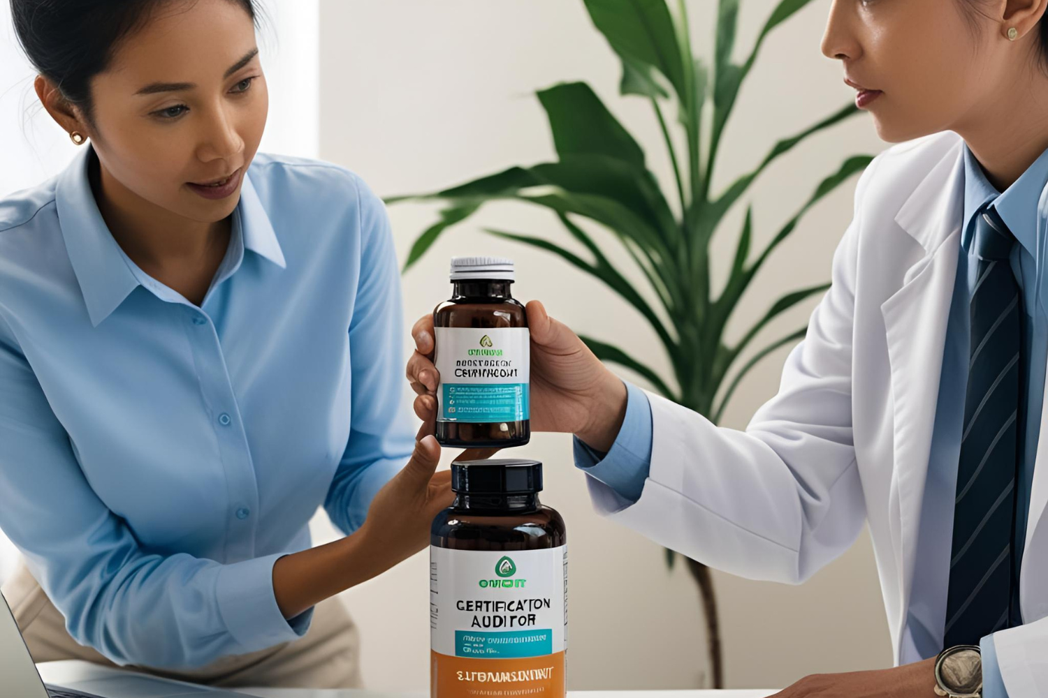 A certification auditor inspecting a supplement bottle.