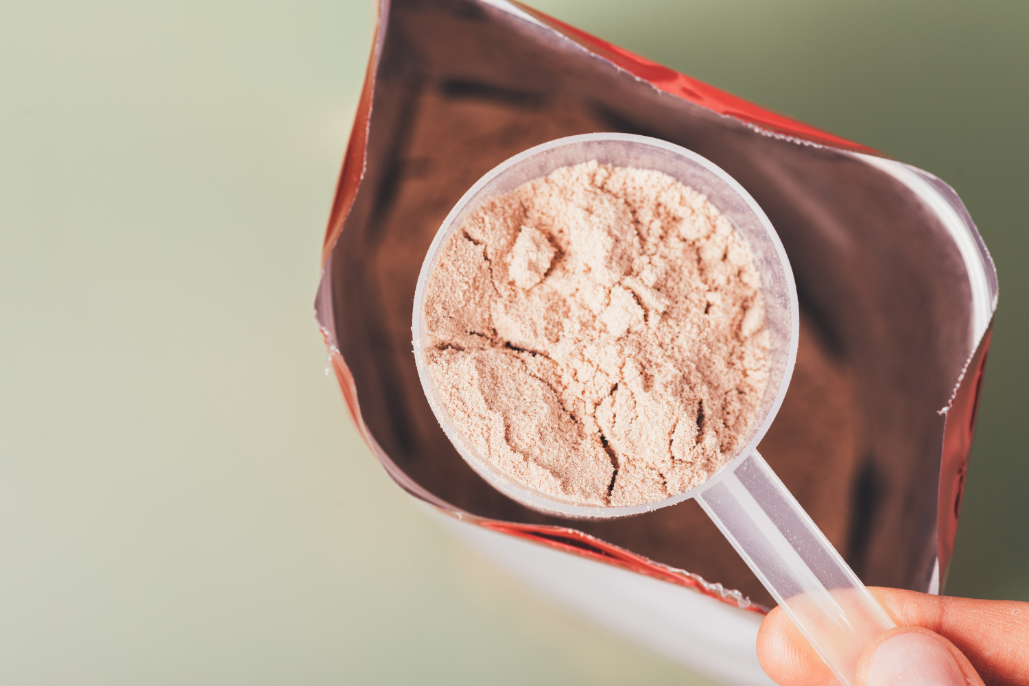 Resealable bag of protein powder.