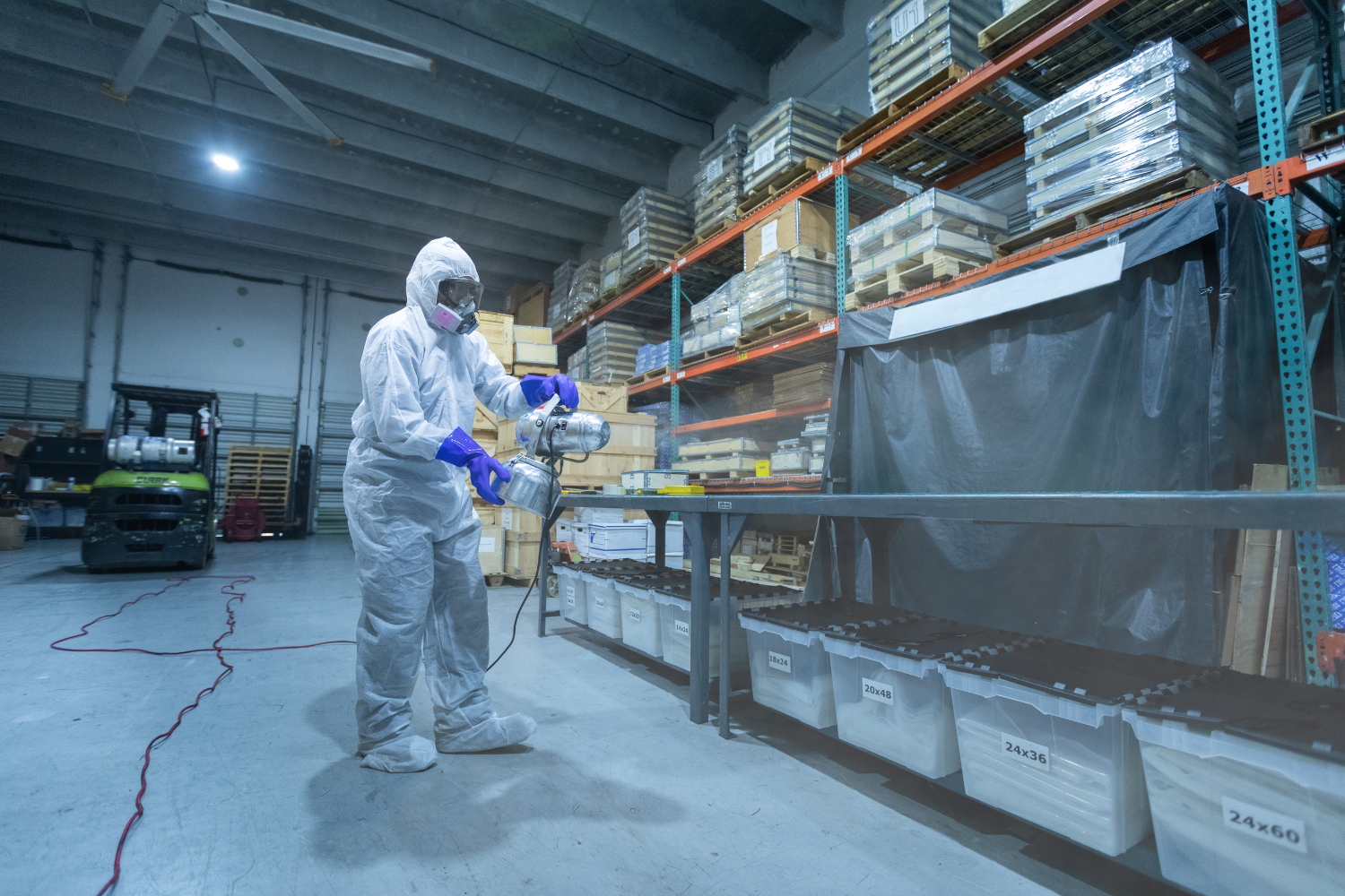 Workers sanitizing equipment in a controlled, clean manufacturing environment.