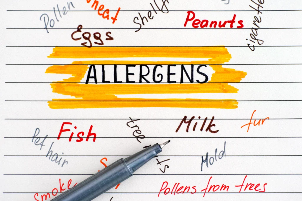 Common allergens like milk, eggs, fish, peanuts, soybeans, and wheat