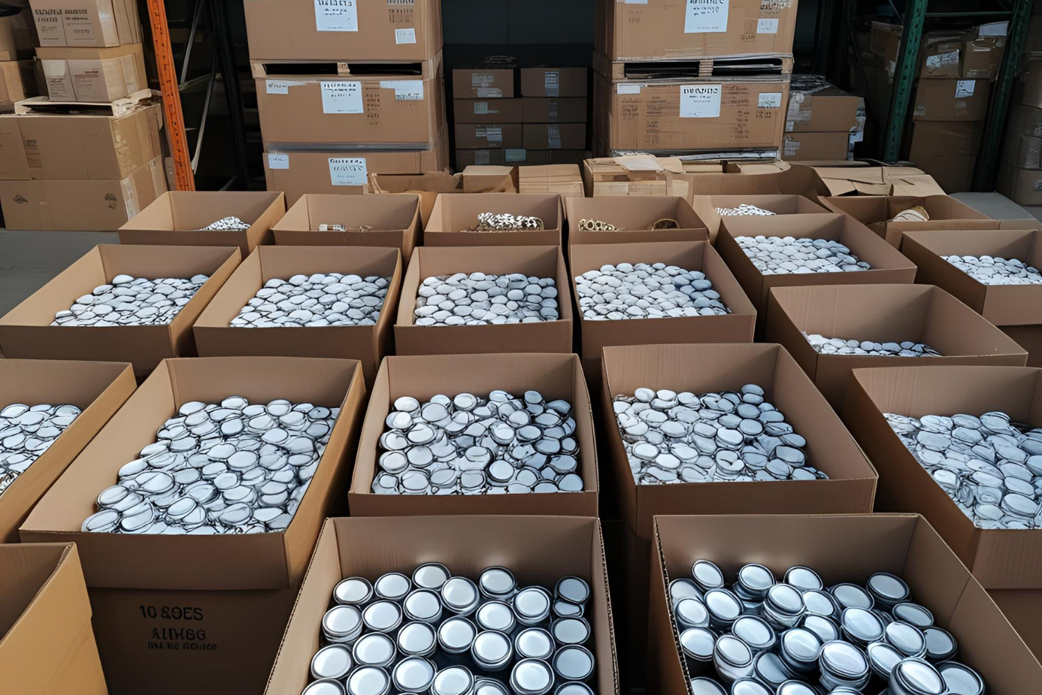 A warehouse scene with boxes of caps and seals.
