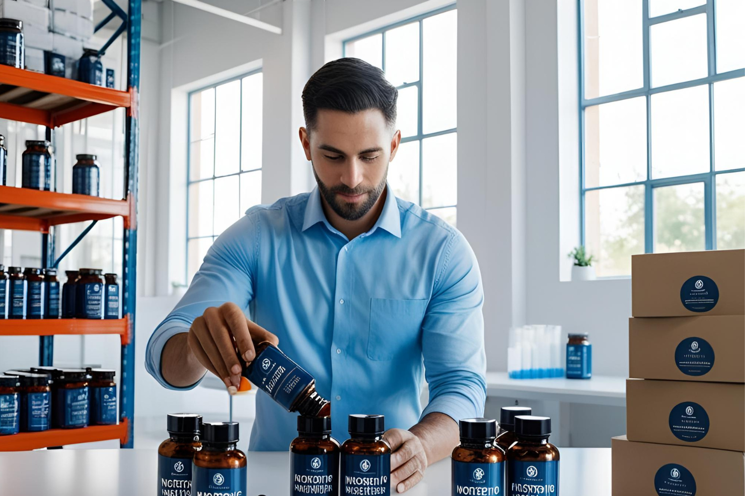 A business owner packaging nootropic supplement bottles.