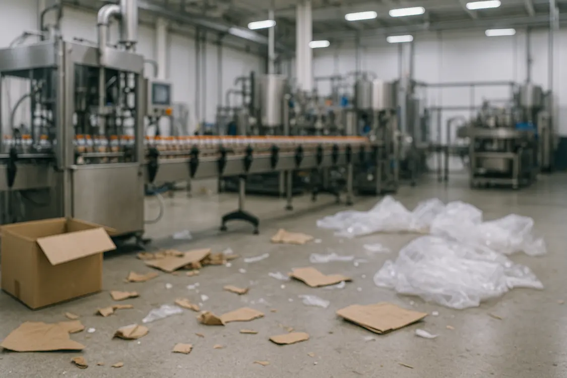 Dirty and disorganized supplement production area with packaging waste on the floor, a GMP violation indicator