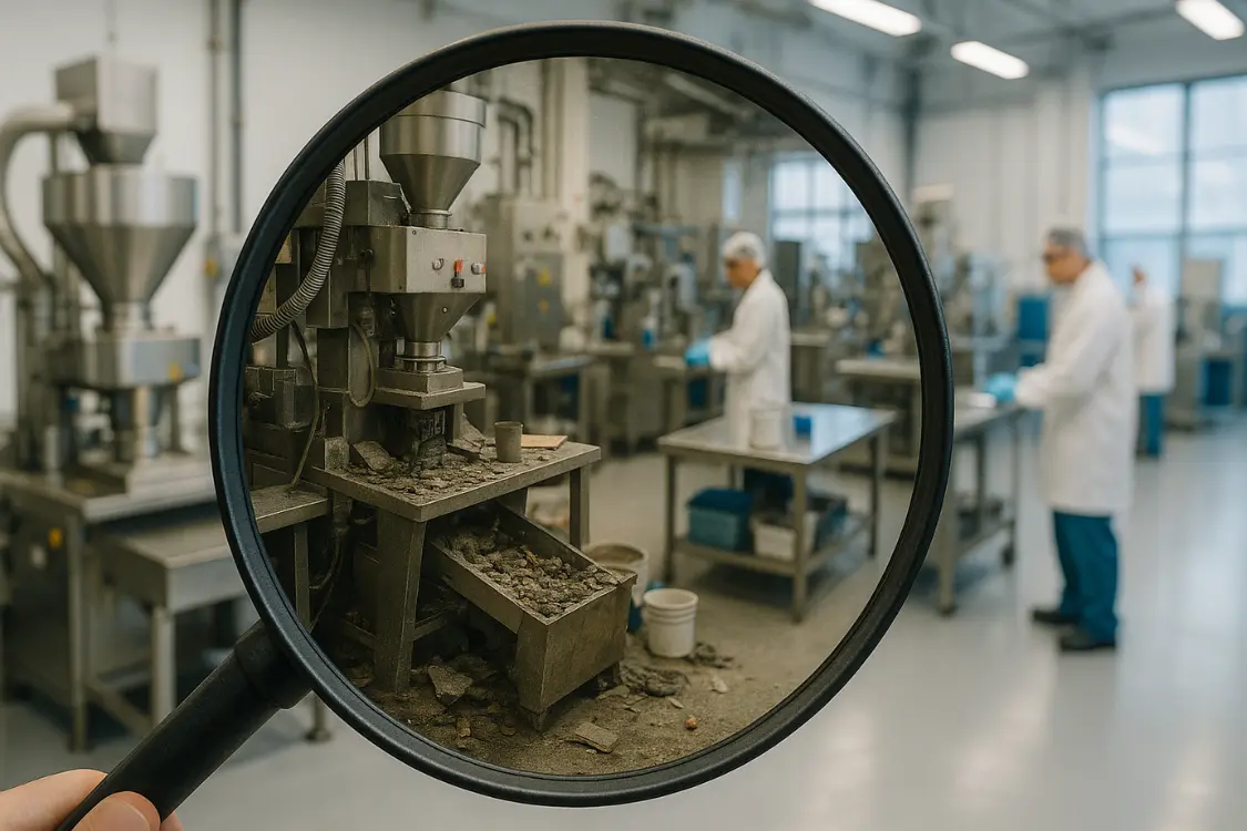 Dirty supplement equipment under magnifying glass during GMP inspection at a pharmaceutical facility