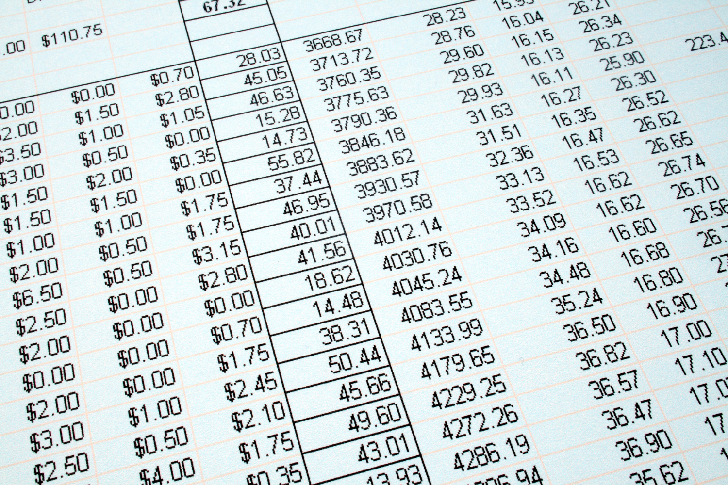 A detailed spreadsheet with columns for various costs.