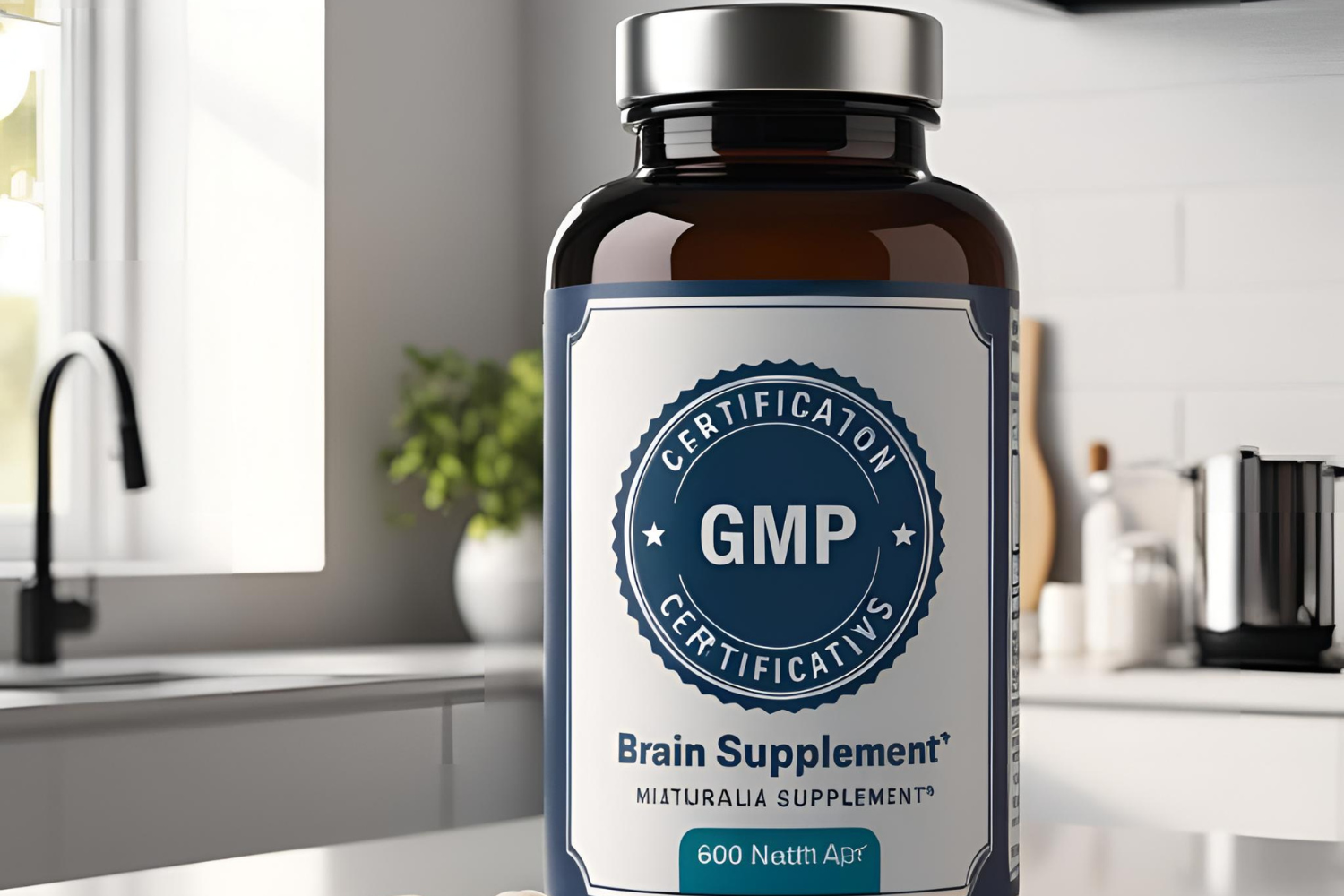A certification badge for GMP (Good Manufacturing Practices) on a bottle of brain supplements.
