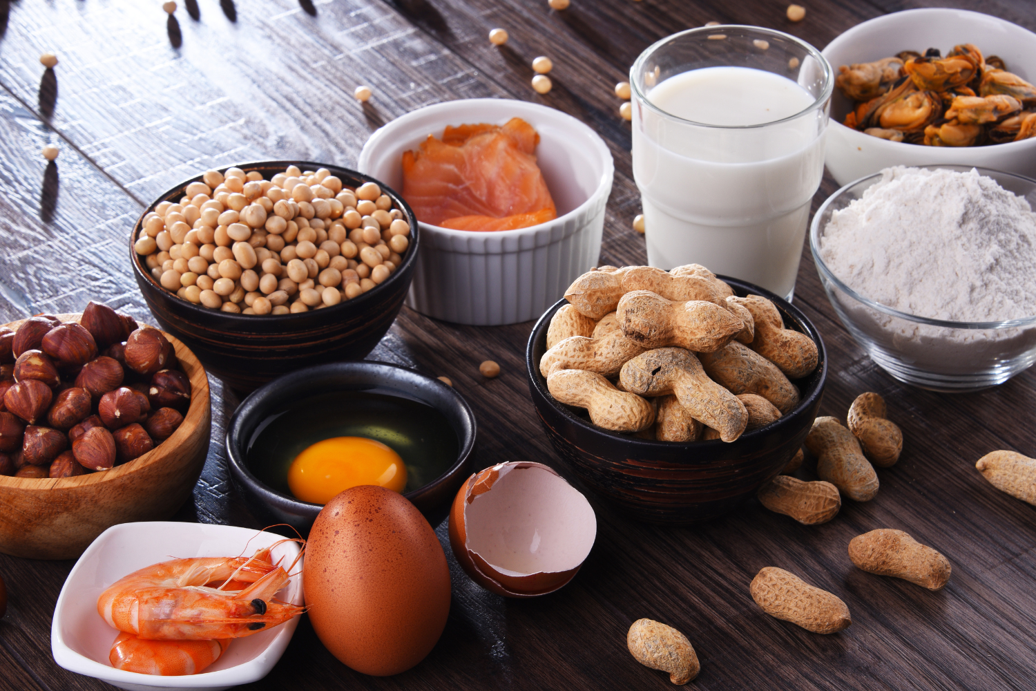 Common allergens, including milk, eggs, fish, shellfish, tree nuts, peanuts, wheat, soy, and sesame.