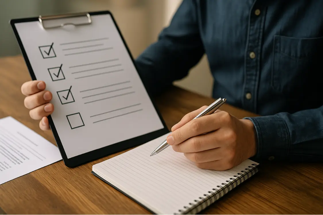 Person holding a supplement evaluation checklist and writing notes during the decision-making process