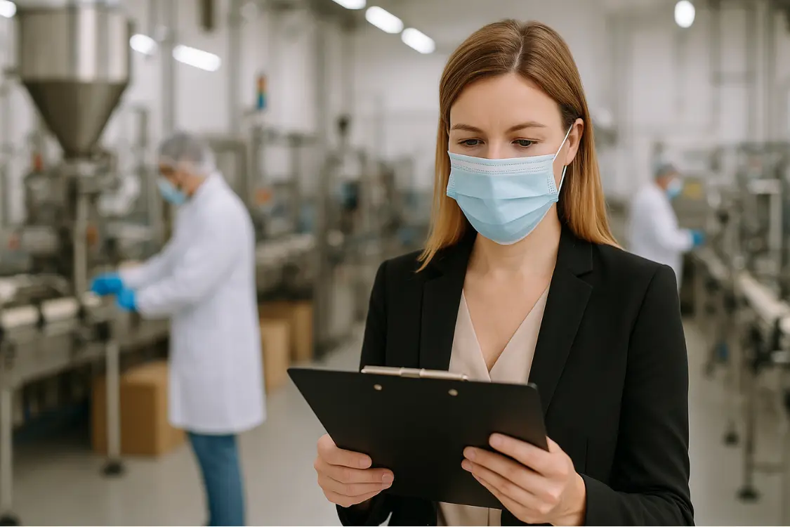 Woman wearing a mask inspecting checklist in a dietary supplement manufacturing facility
