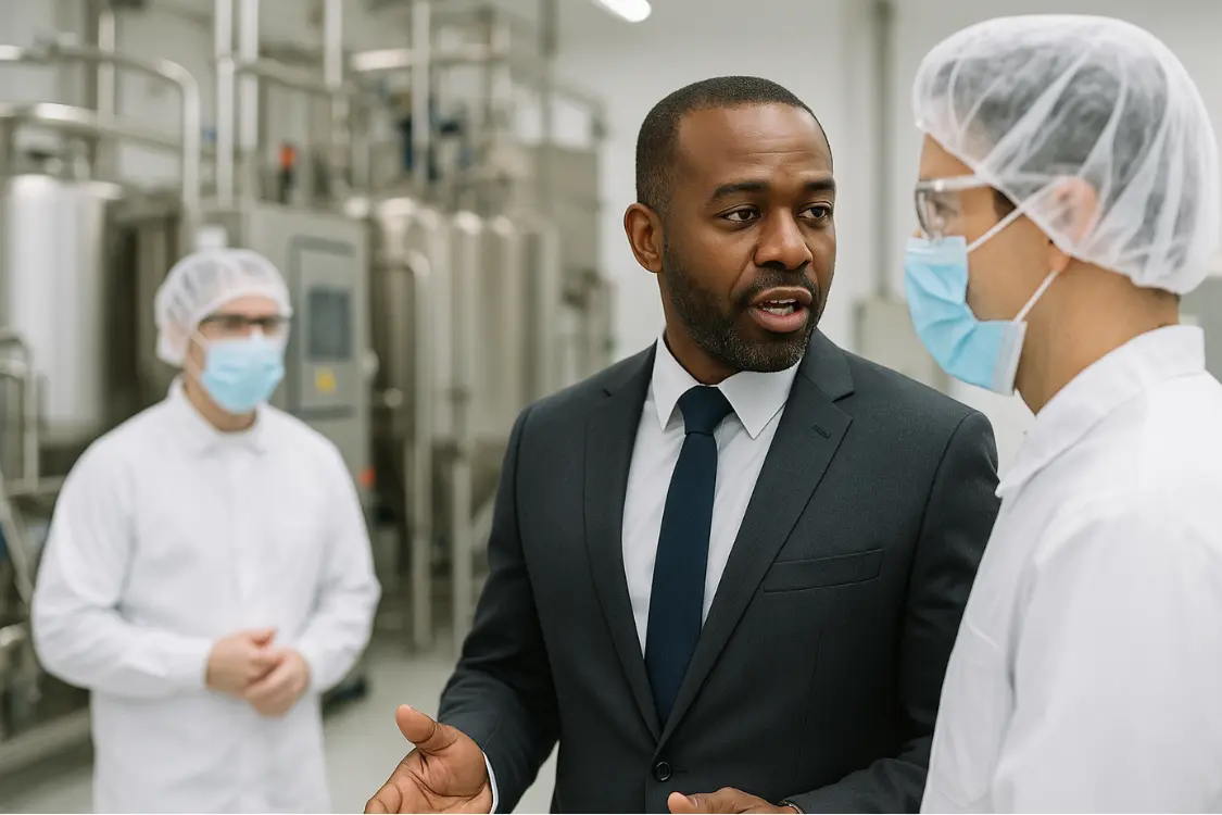 Business owner discussing prequalification with supplement manufacturing staff during facility audit