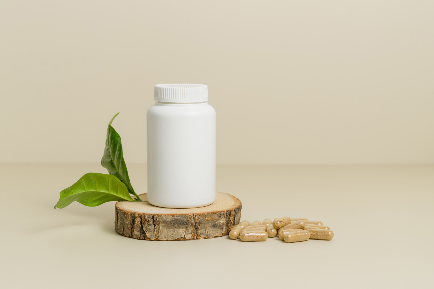 A biodegradable white supplement bottle.