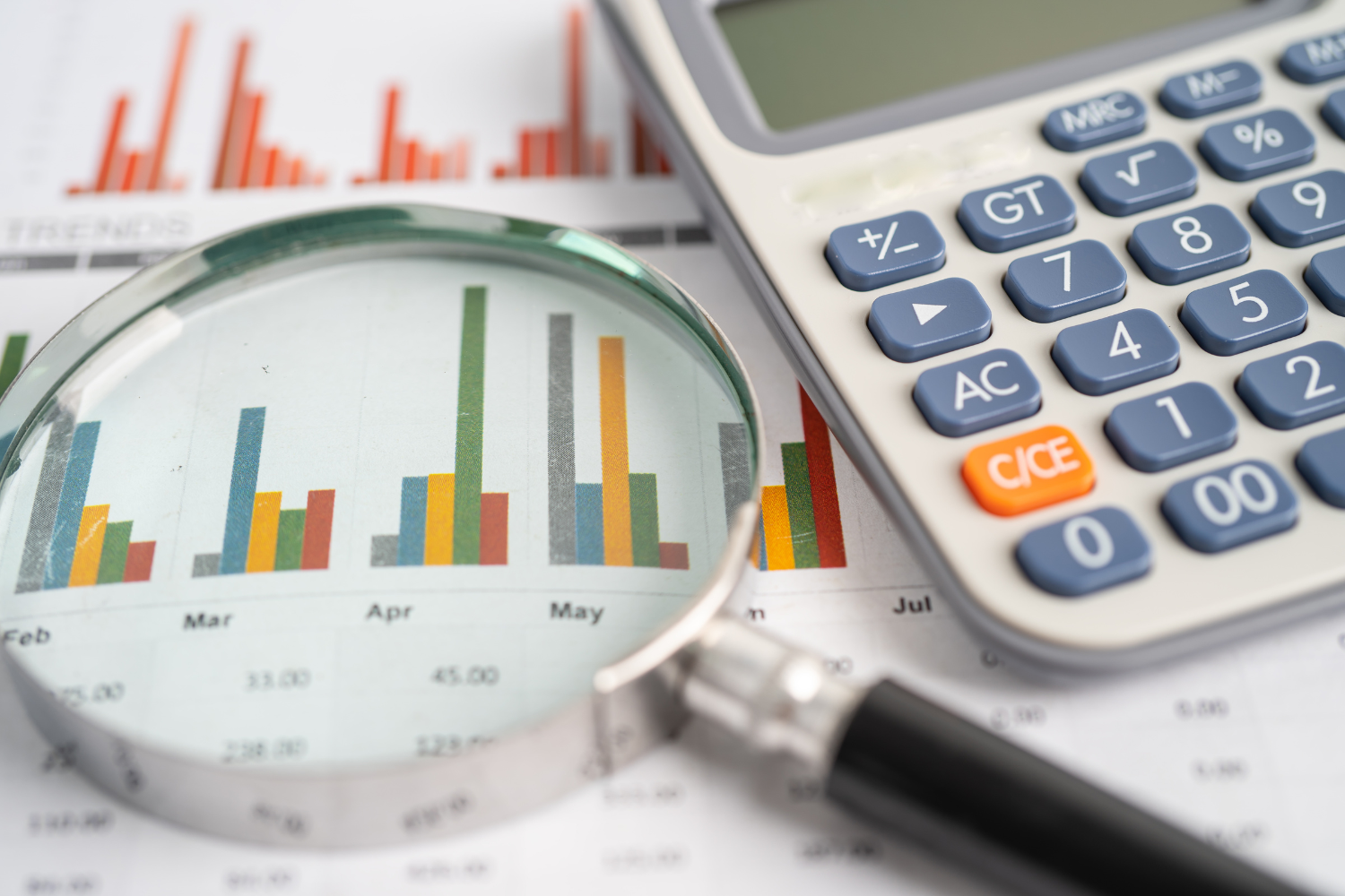 Calculator and a magnifying glass on top of paper with bar graphs.