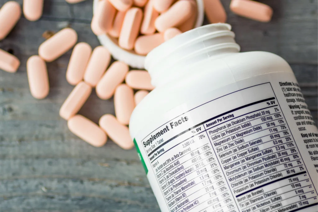 Supplement label showing active and inactive ingredients.