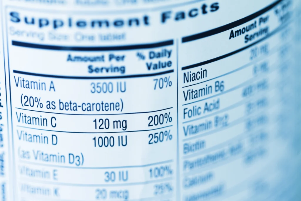 A detailed dietary supplement label on a product bottle.