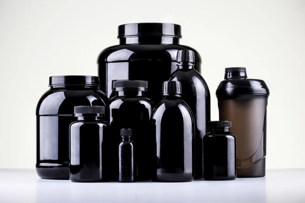 Amber glass containers, blocking light for protection.