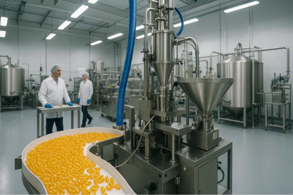 Automated equipment in a supplement manufacturing facility filling softgel capsules as part of large-scale production.