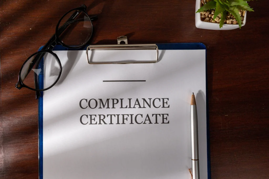 Compliance certificate proving supplement manufacturer compliance documents for regulatory approval