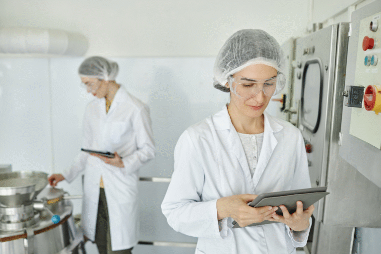 Laboratory staff inspecting dietary supplement manufacturing equipment for compliance with certifications.