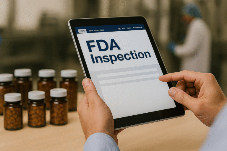 Tablet screen showing FDA inspection history supplement manufacturer database