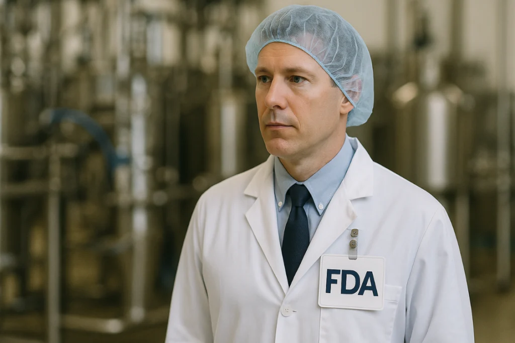 FDA inspector in lab coat reviewing supplement manufacturer facility during inspection