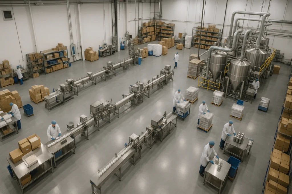 Wide view of a clean and organized supplement manufacturing facility with workers handling production and packaging.