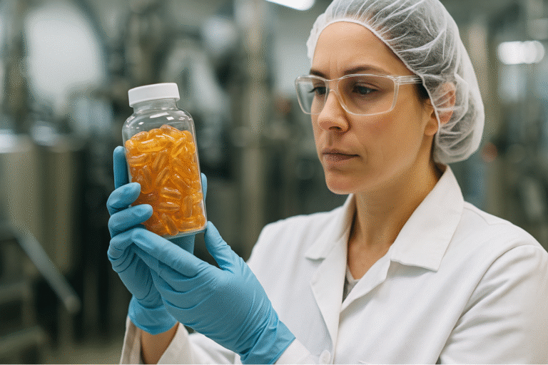 Lab technician in protective gear inspecting a bottle of softgel capsules for quality control in a supplement factory.
