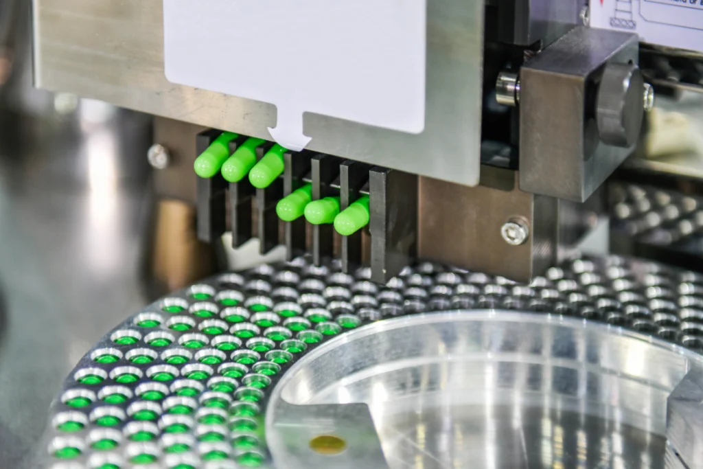 Capsule production line in supplement manufacture showing quality standards