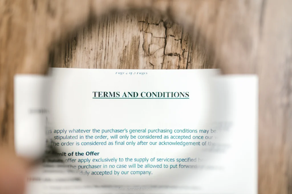 Terms and conditions document highlighting legal red flags in supplement manufacture