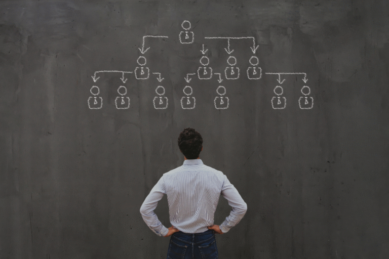 Man looking at organizational chart representing supplement manufacturer ownership structure