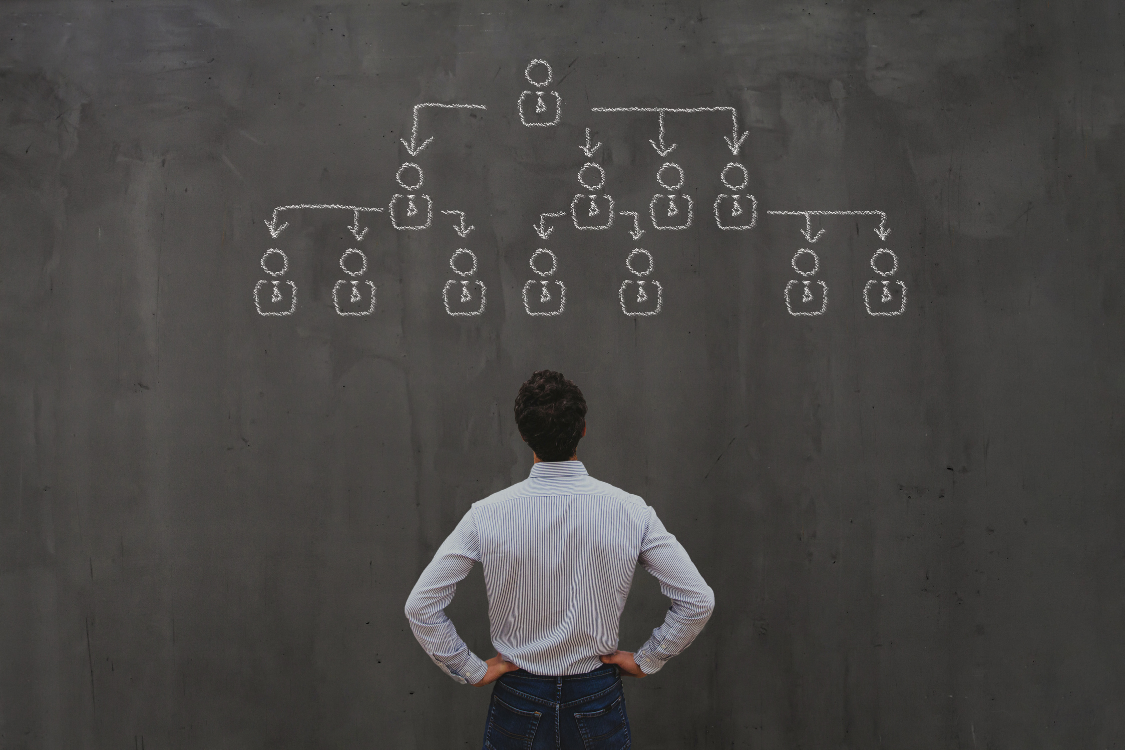 Man looking at organizational chart representing supplement manufacturer ownership structure