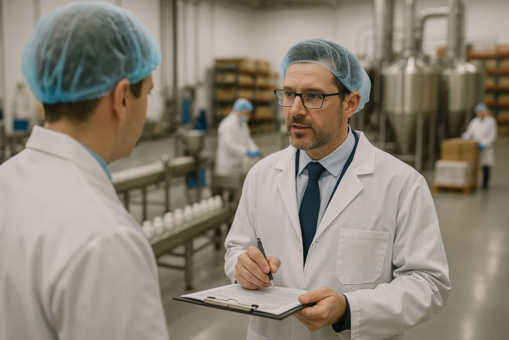 Two supplement manufacturing professionals in lab coats discussing quality control procedures in a production facility.