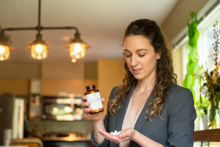 Woman checking dietary supplements for quality standards.