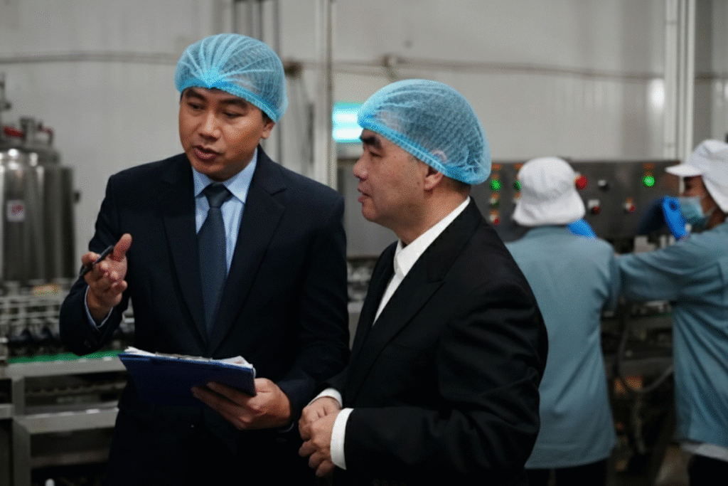 Inspectors reviewing supplement manufacturing process in a facility.