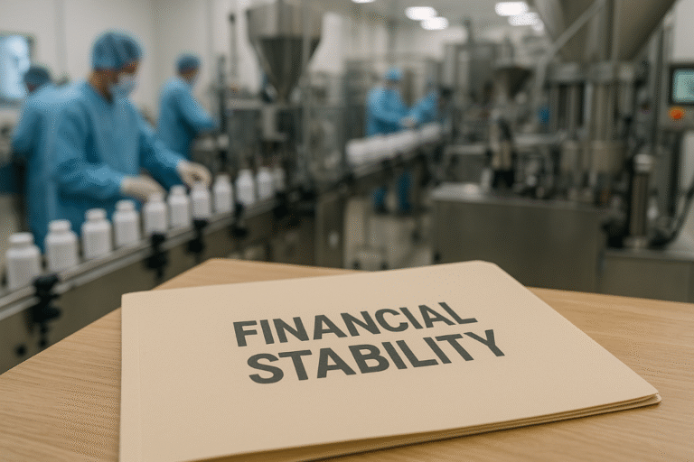 Folder labeled financial stability in supplement manufacturing facility