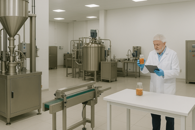 Scientist checking supplement jar in a manufacturing lab for operational stability