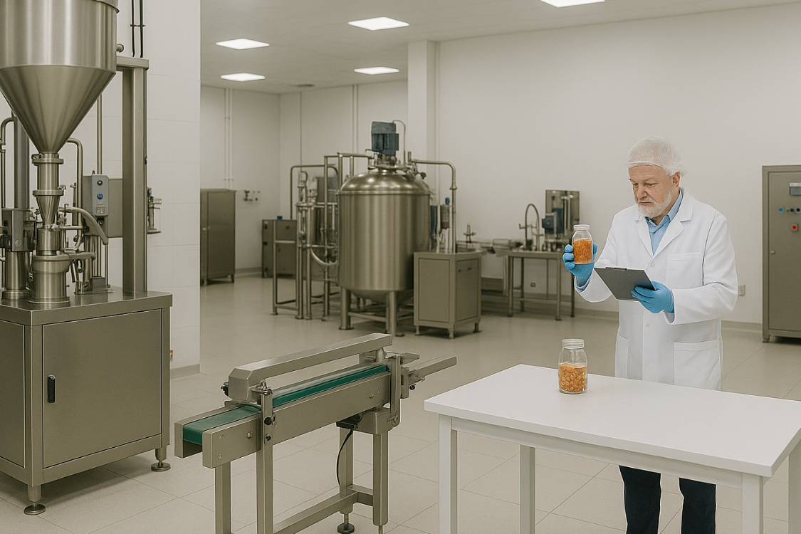 Scientist checking supplement jar in a manufacturing lab for operational stability