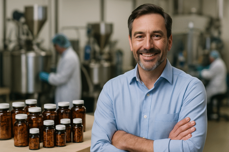 Smiling supplement manufacturer leader in production facility with dietary supplements on table
