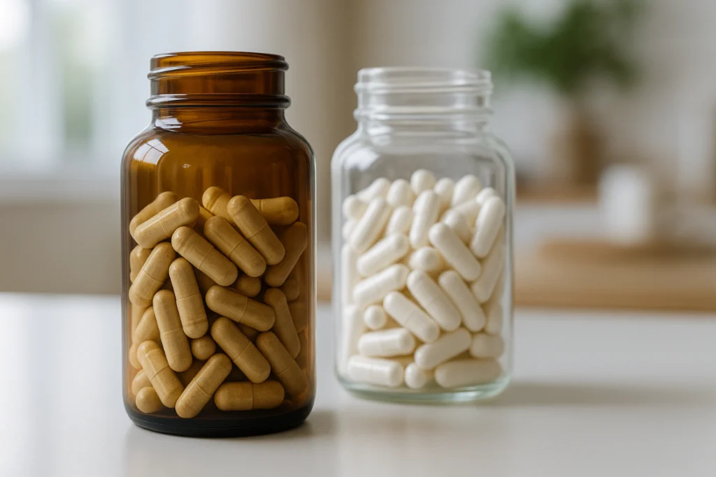 Supplement manufacturer capsules in amber and clear jars on a table.