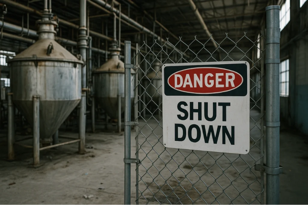 Danger sign at a shut-down supplement manufacturing facility showing the risks of working with unstable manufacturers.