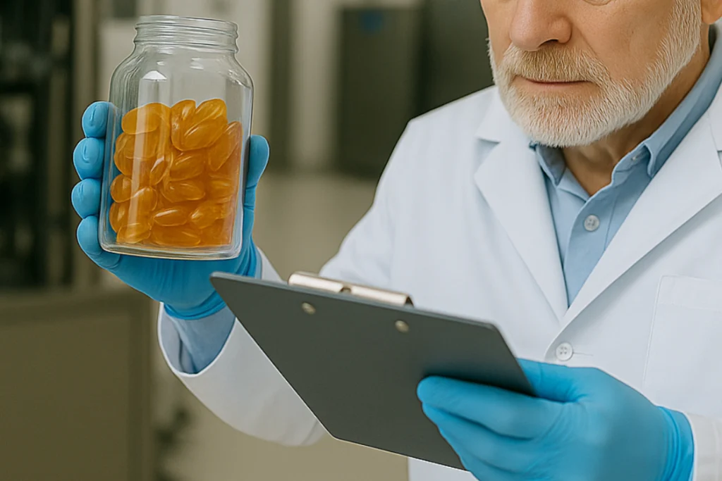 Researcher holding supplement jar while recording stability test results