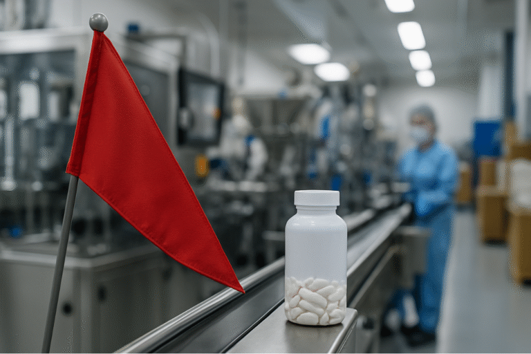 Red flag near supplement bottle showing unstable supplement manufacturer red flags in production