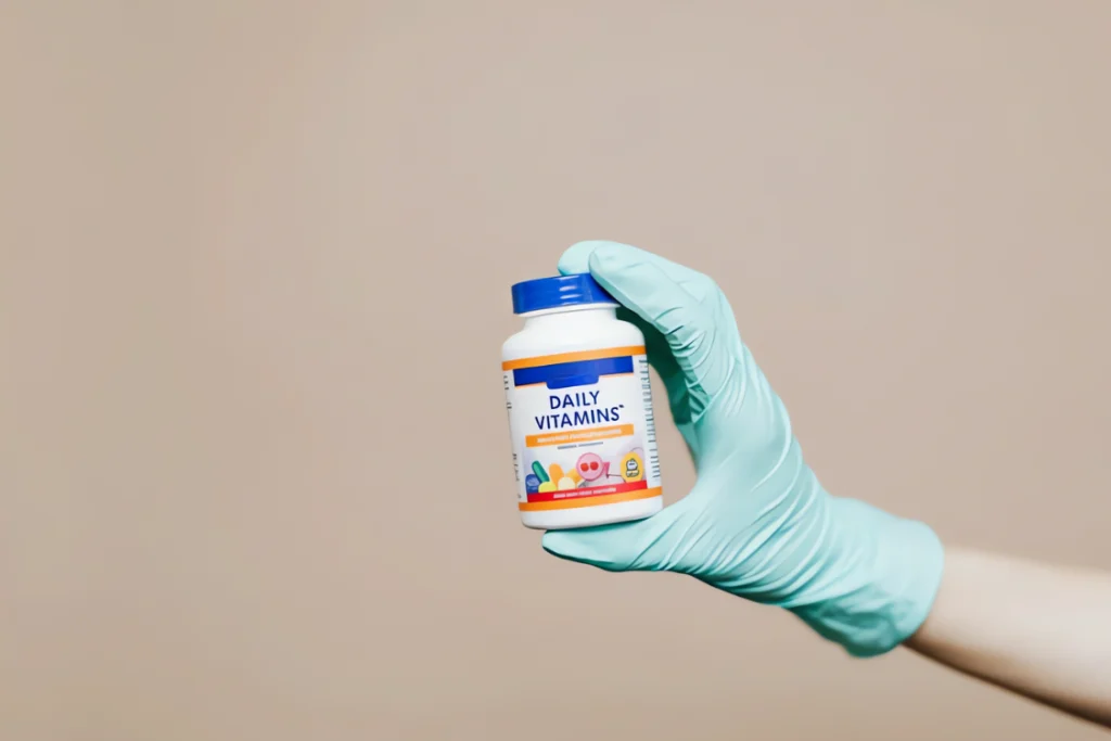 supplement-quality-control-testing-panel Hand in blue glove holding a daily vitamins bottle, symbolizing the final product that passes the supplement quality control testing panel before market release.