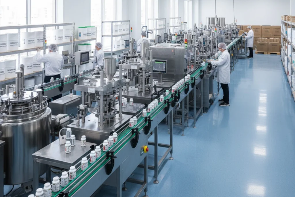 Overview of a clean, large-scale supplement manufacturing facility showing bottles on a conveyor belt during a full production run and workers in CGMP attire.