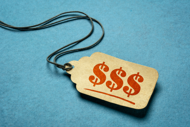 A brown price tag with three large orange dollar signs (SSS) on a blue background, symbolizing the cost and independent pricing structure offered by a supplement manufacturer.