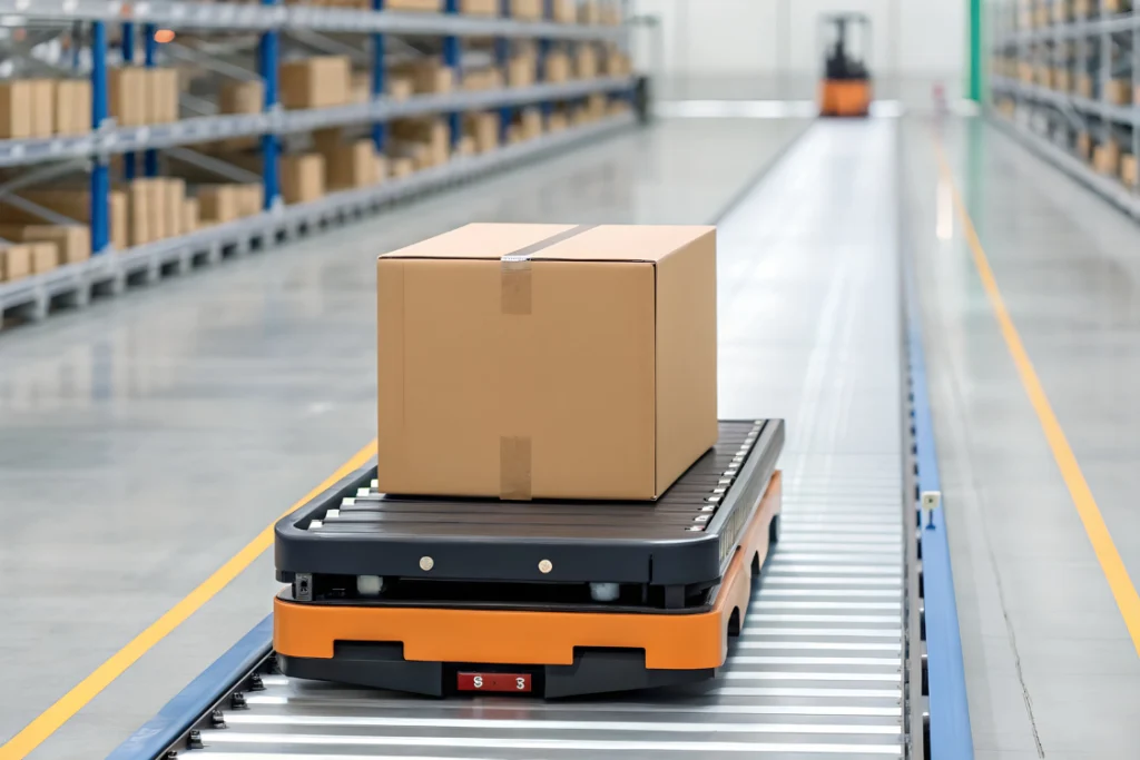 Automated system moving a packaged order box in a large warehouse, representing efficient inventory management with staggered ordering supplements.