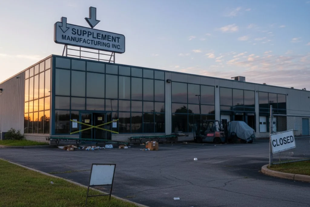 Closed supplement manufacturing facility with caution tape and a “Closed” sign, representing financial instability and manufacturer shutdown risk for supplement brands.